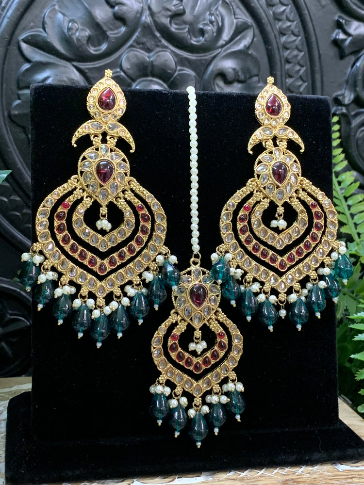 Tara polki Chandbali earring with matching tikka green red multi