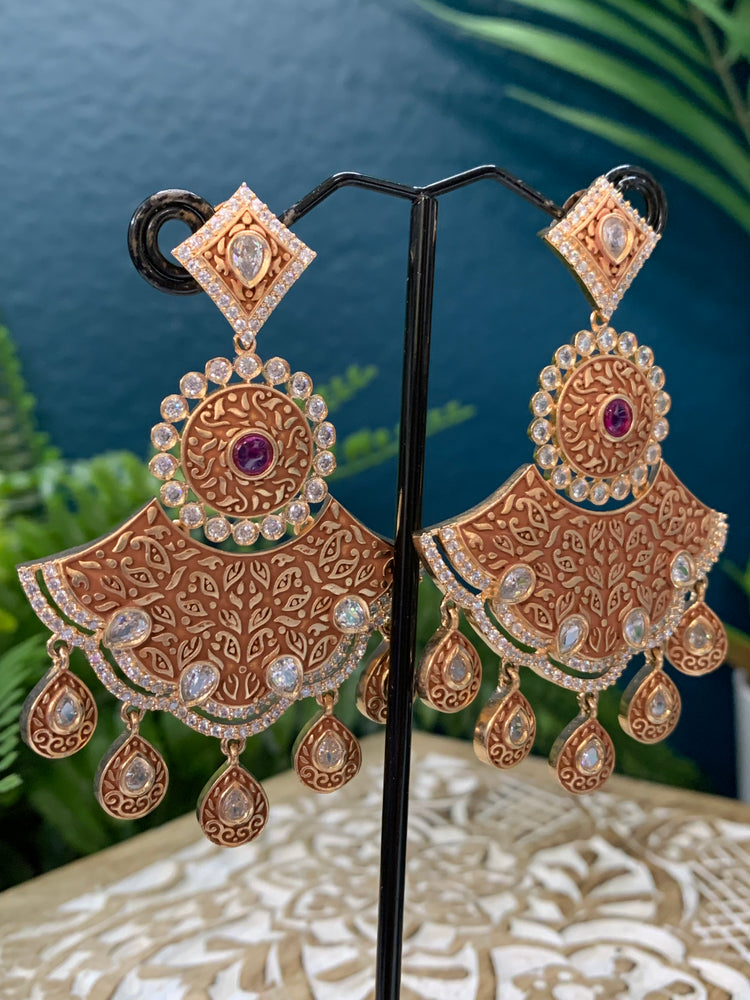 Iline Kundan meena chandbali earring brick red