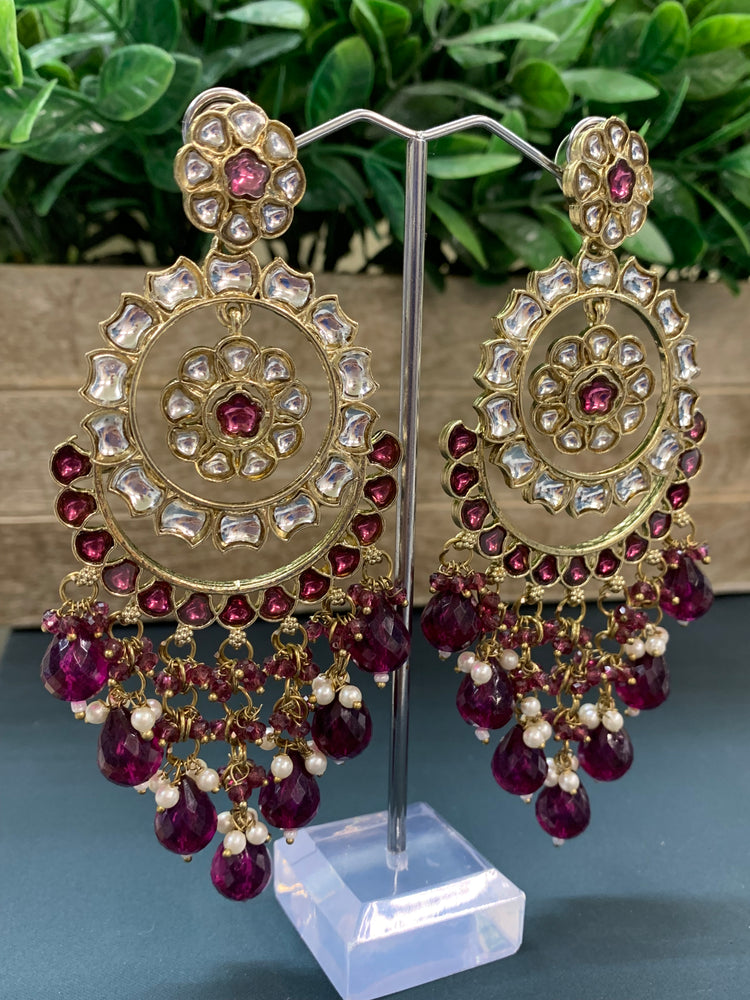 Barnavi Kundan earring wine red crystal drops