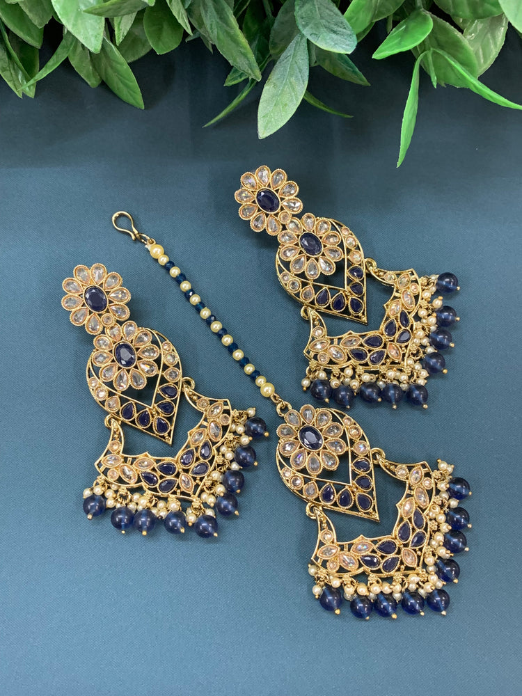 Max tikka set polki earring tikka antique gold / pearl /navy blue/royal blue