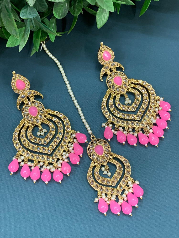 Tara polki Chandbali earring with matching tikka pink