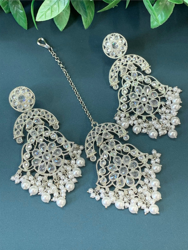 Enaya reverse popki tikka set chandbali style clear silver