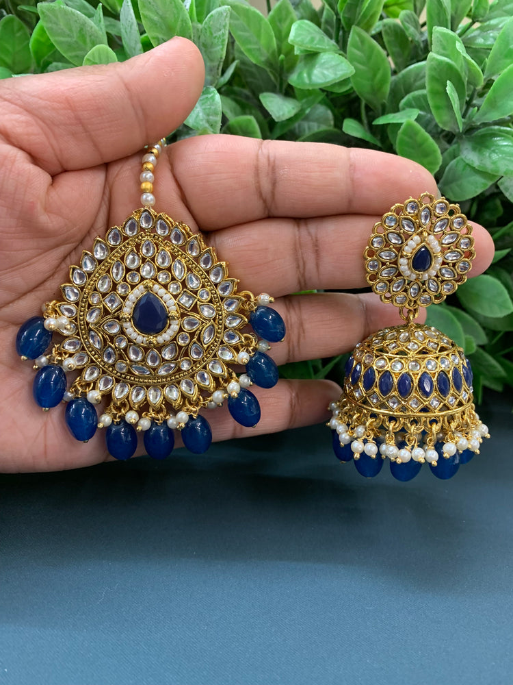 Priya gold plated kundan jhumki earring and tikka blue