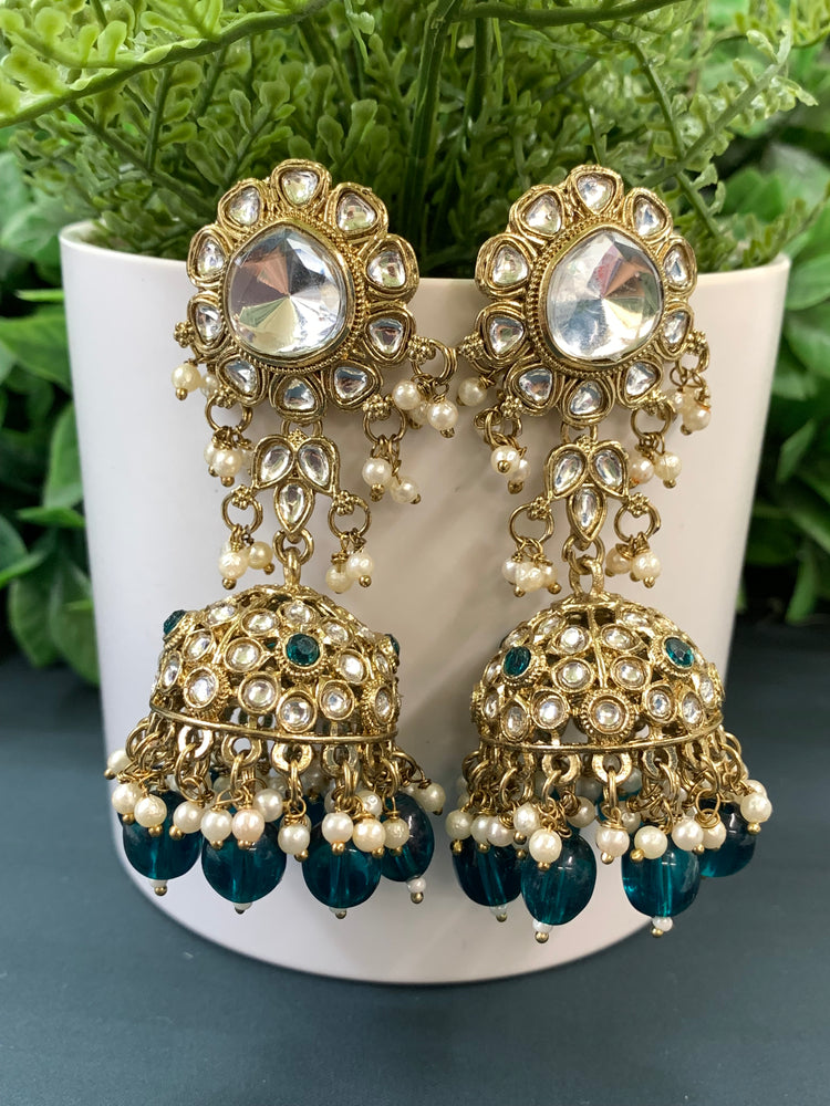 Mohini kundan jhumki/ jhumka earring teal green