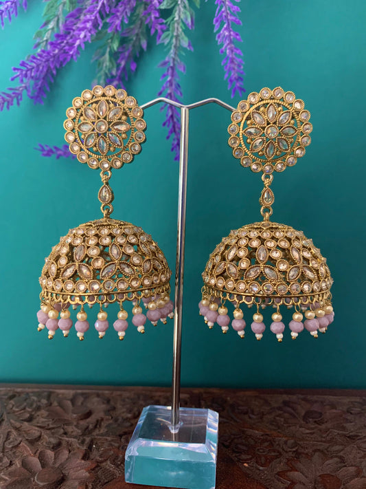 Rashi polki statement jhumki earring antique polki/ white pearl /mauve