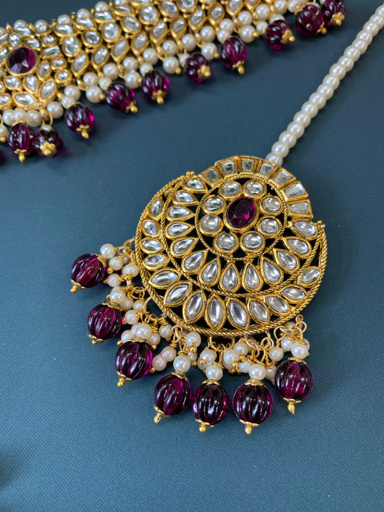 Tessa kundan choker set with matching chandbali and tikka dark purple