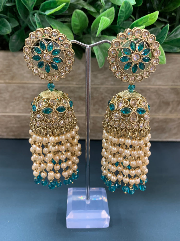 Mohua polki statement jhumki earring antique polki/teal green/pearl