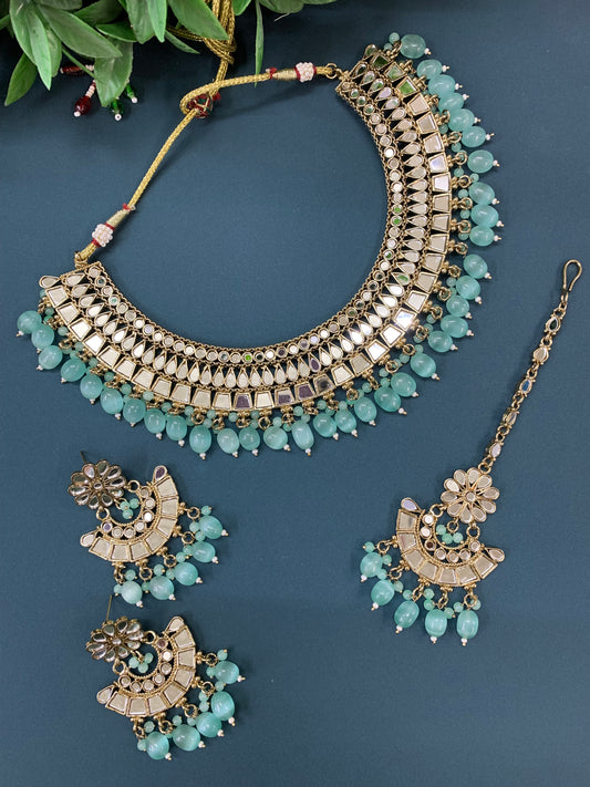 Shreya mirror necklace set with matching Chandbali antique mint