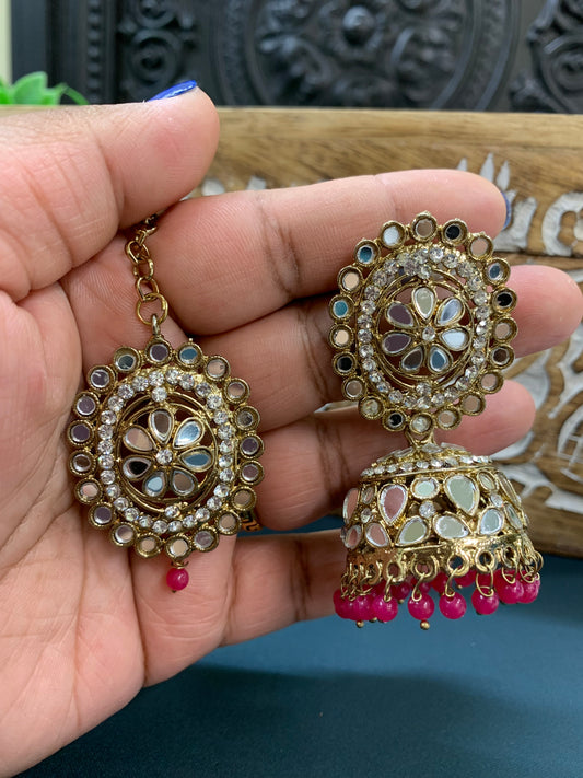 Kate mirror jhumki tikka antique gold and magenta pink