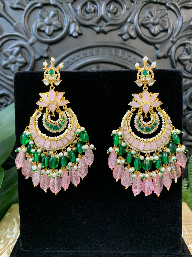 Shanti Pachi kundan earring in pastel pink and emerald green