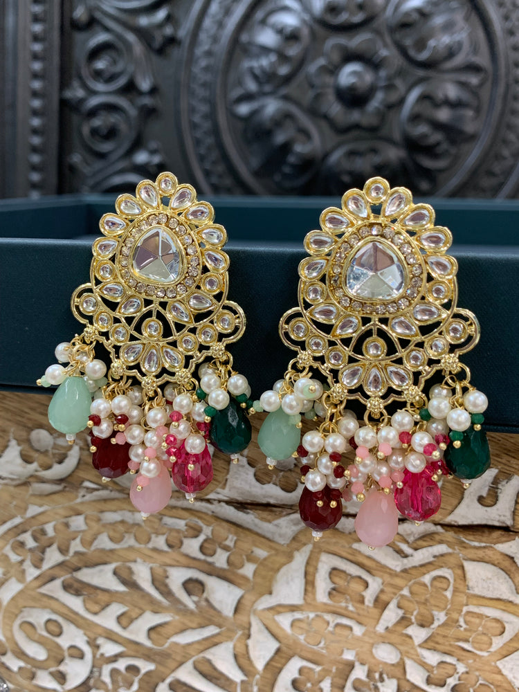 Joel gold kundan stud earring with white pearl and multi crystal