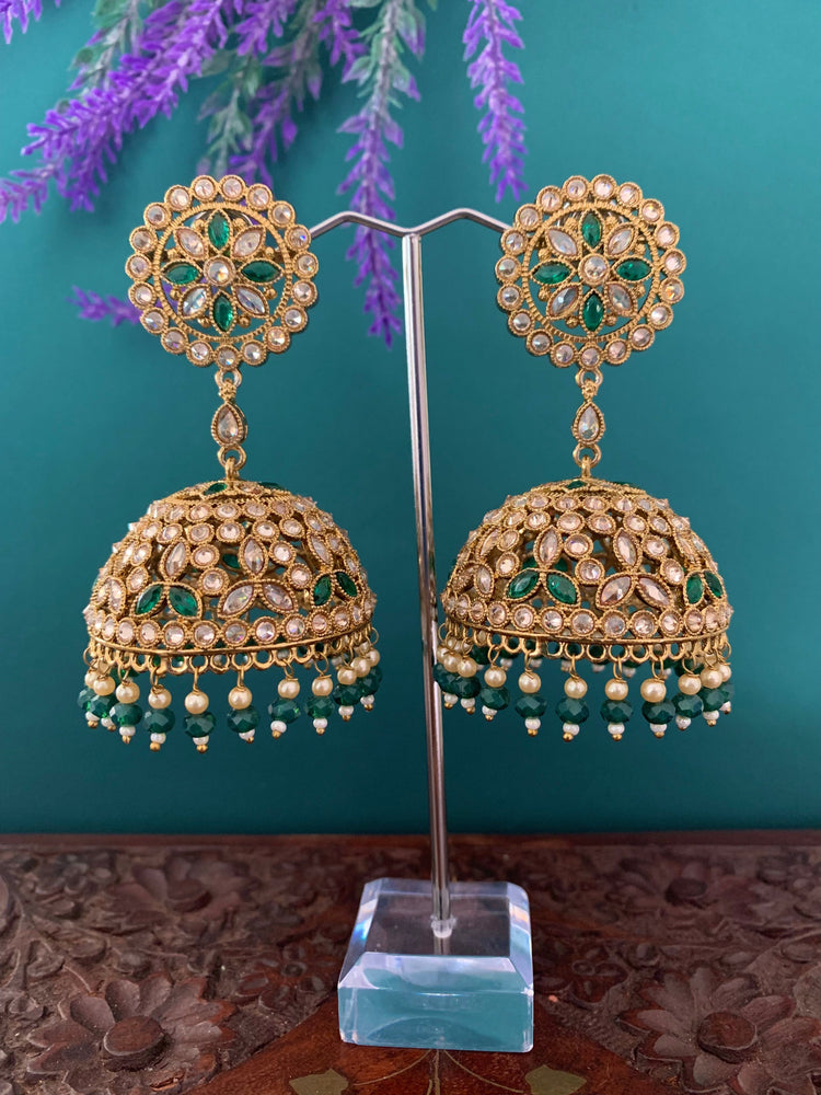 Rashi polki statement jhumki earring antique polki/ white pearl / emerald green