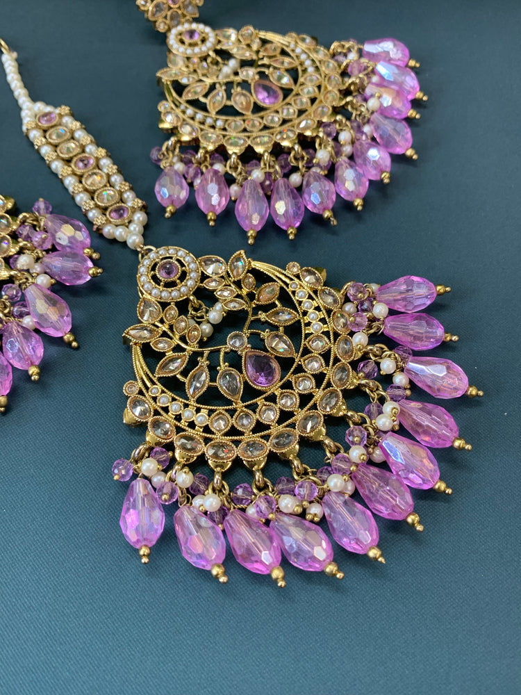 Bulbul polki statement earring tikka set antique gold/lavender / lilac