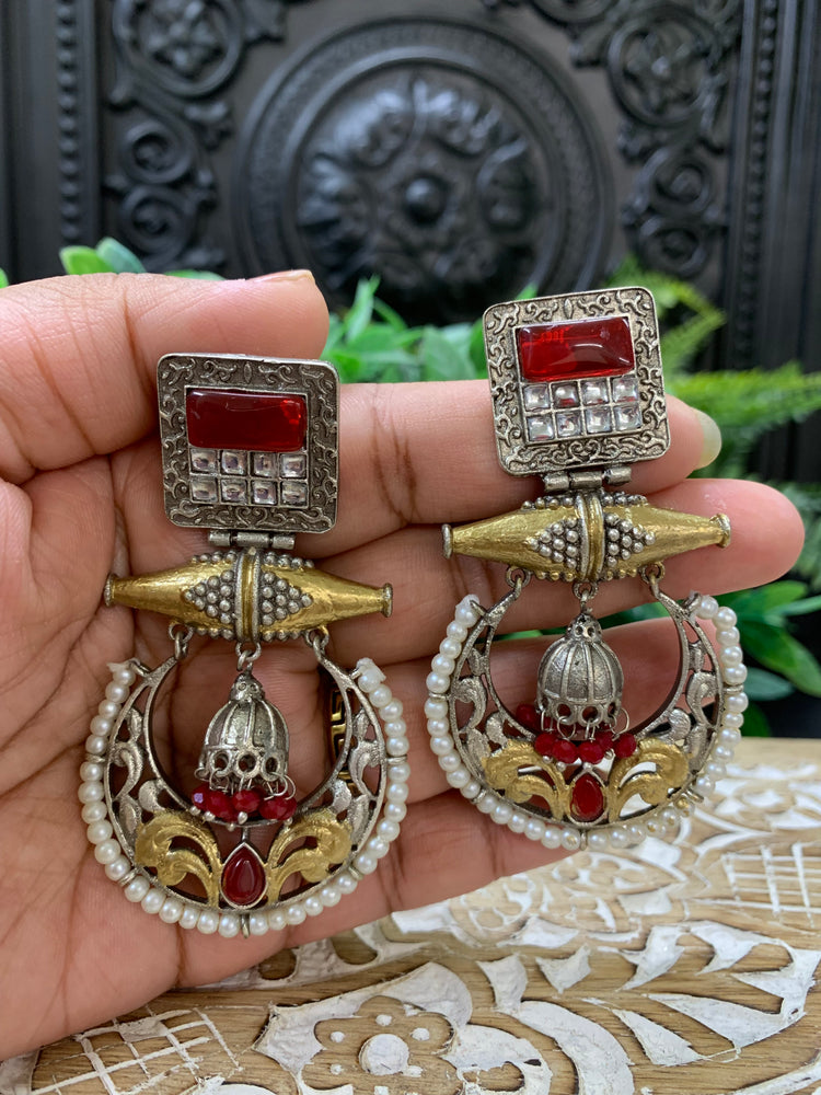 Taha dual tone chandbali style German silver earring cherry red