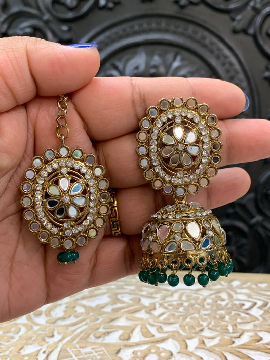 Kate mirror jhumki tikka antique gold and teal green