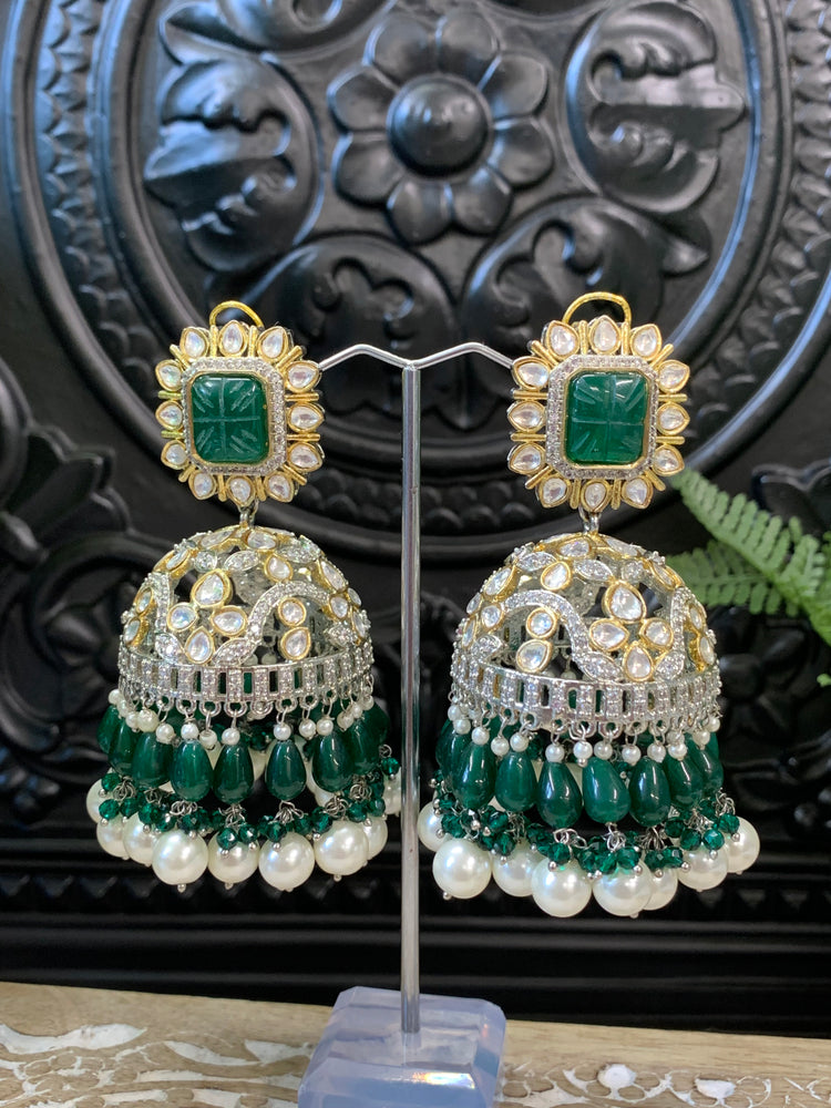 Meena kundan statement jhumka/jhumki earring green emerald