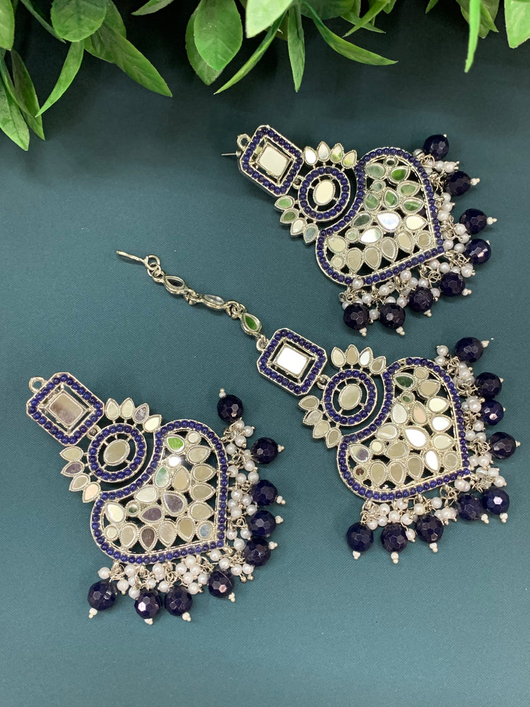 Amrita chandbali mirror earring tikka set navy blue