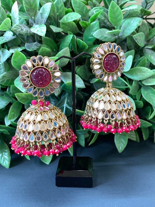 Romi mirror kundan jhumki/ jhumka earring cherry red