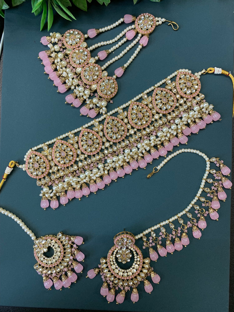 Razia choker necklace set with jhumar pink