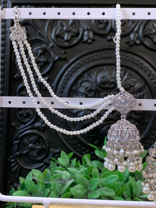 Shana triple layer bahubali sahare jhumki ear chain and matching tikka silver / white pearl