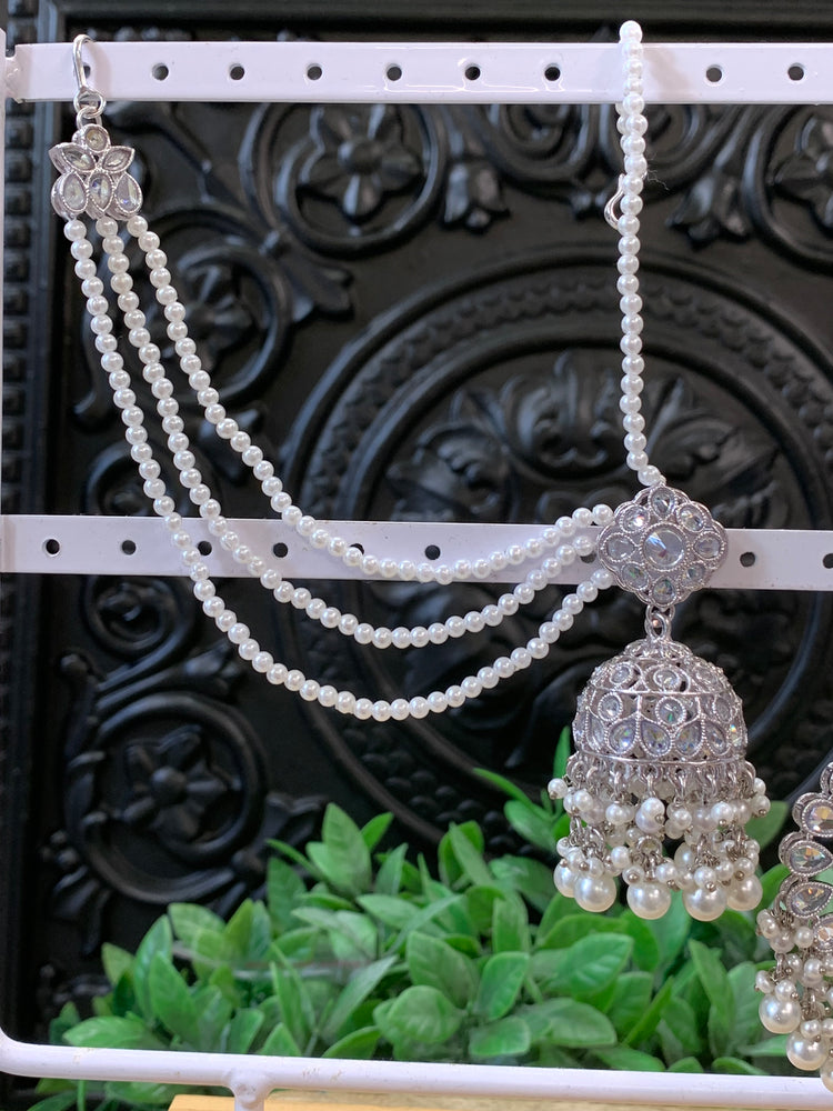 Shana triple layer bahubali sahare jhumki ear chain and matching tikka silver / white pearl