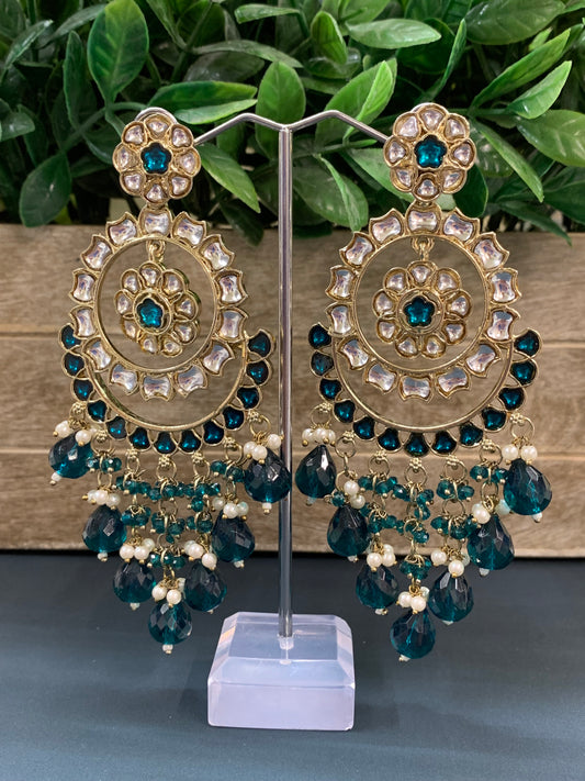 Barnavi Kundan earring peacock teal green crystal drops