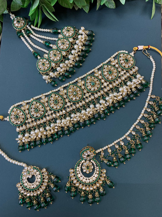 Razia choker necklace set with jhumar emerald green