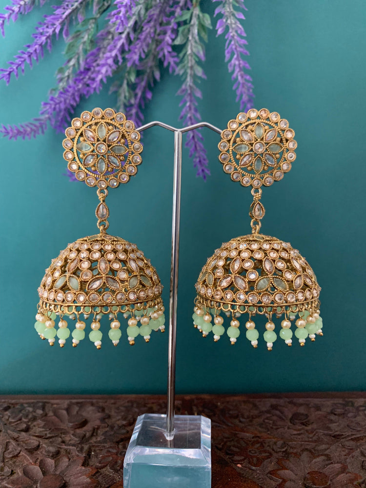 Rashi polki statement jhumki earring antique polki/ white pearl /pistachio green