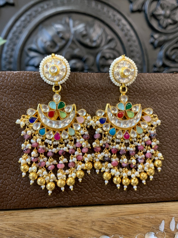 Leslie pachi Kundan chandbali earring small to medium size multi Navratan style