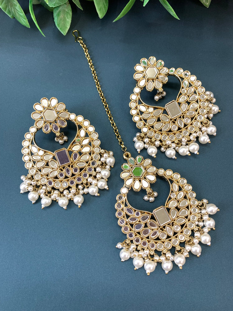 Judy chandbali mirror Tikka set gold / pearl / white