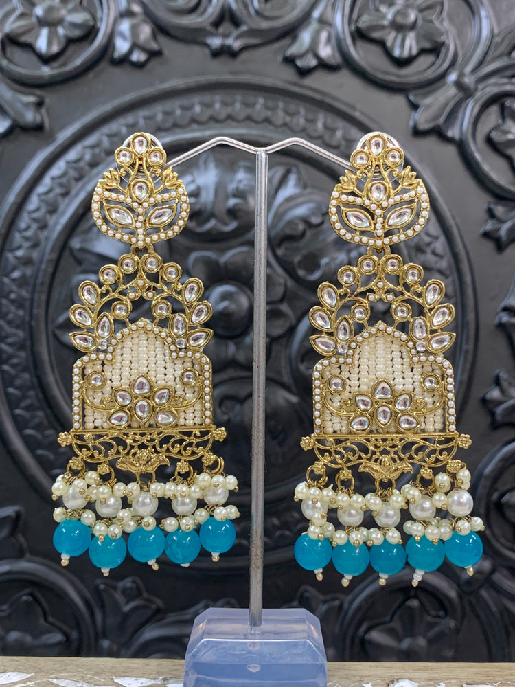 Alexa kundan statement earring white/gold/pearl/ phiroza blue