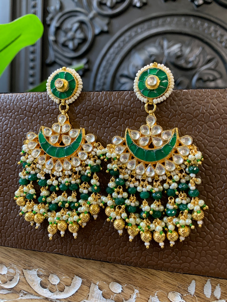 Leslie pachi Kundan chandbali earring small to medium size emerald green