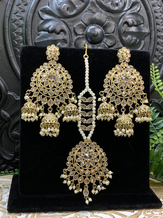 Kiana polki triple jhumki Chandbali style earring with matching tikka antique gold pearl white