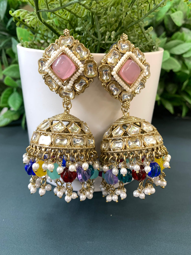 Gauri kundan jhumki/ jhumka earring pastel pink / multi