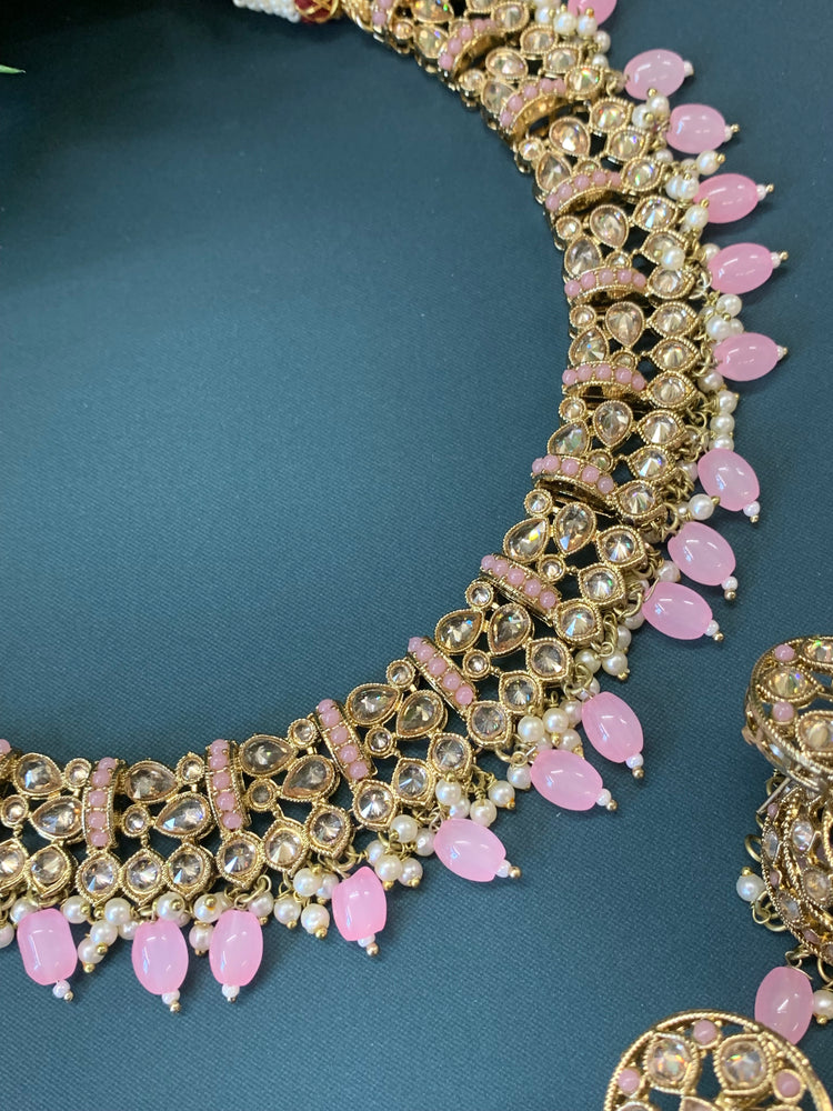 Allan polki necklace with jhumki tikka blush pink