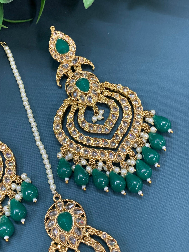 Tara polki Chandbali earring with matching tikka emerald green