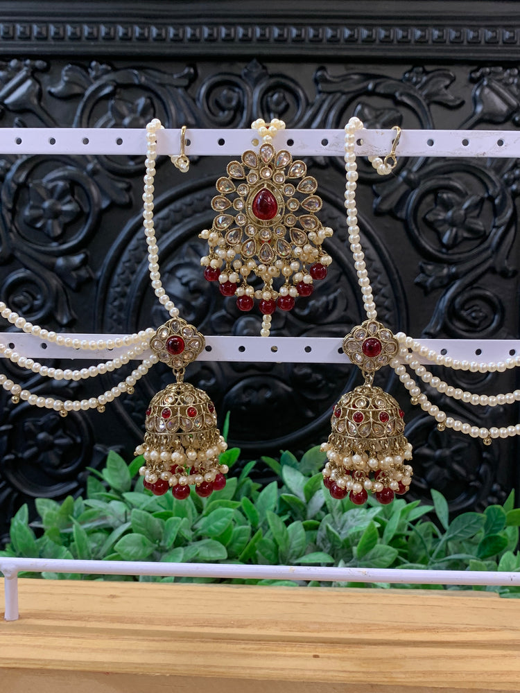 Shana triple layer bahubali sahare jhumki ear chain and matching tikka