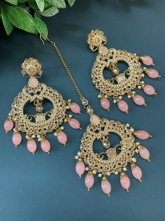 Nardali tikka set polki earring tikka set grapefruit pink