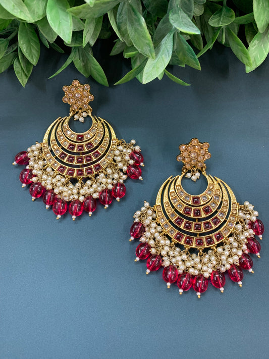 Bloom polki chandbali earring antique/ cherry red