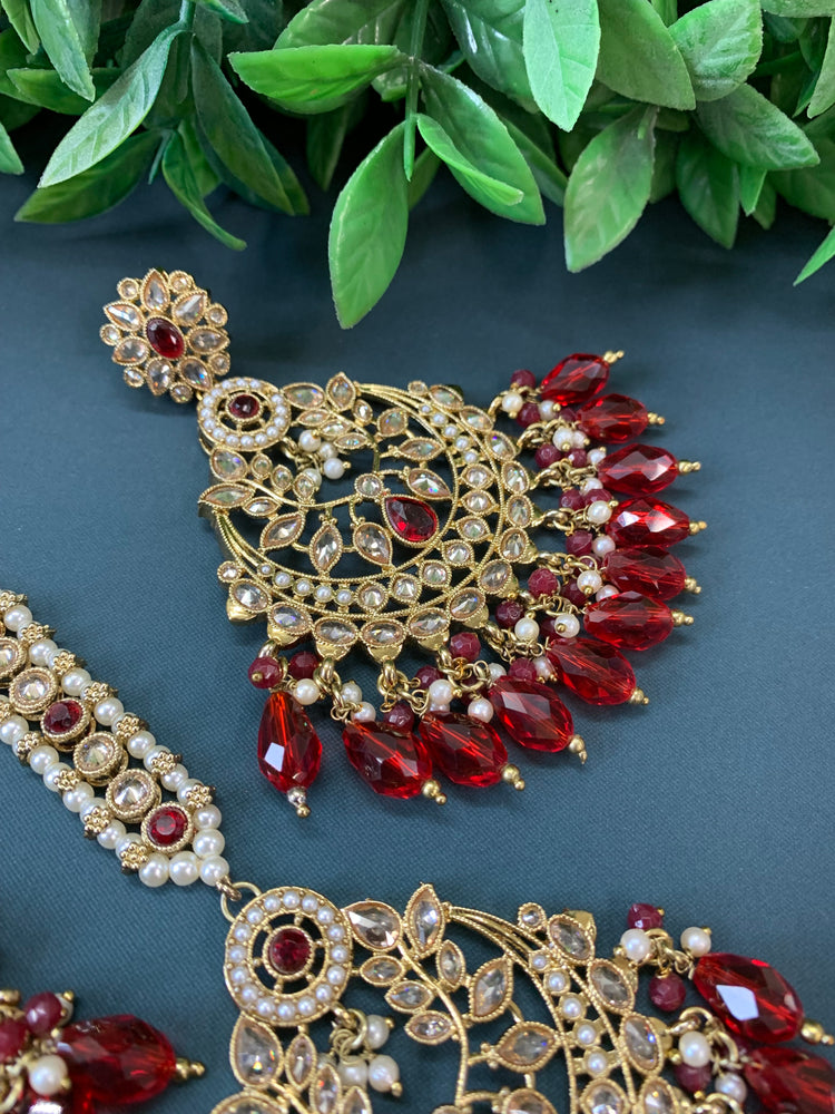 Bulbul polki statement earring tikka set antique gold/ crystal red/ blood red