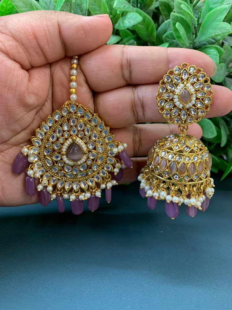 Priya gold plated kundan jhumki earring and tikka purple