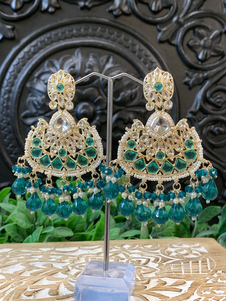 Berry kundan chandbali earring teal green