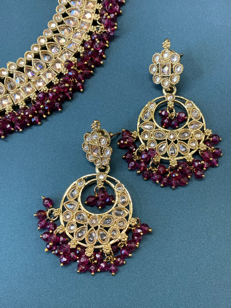 Rashmeet polki necklace with matching earring tikka antique gold wine red