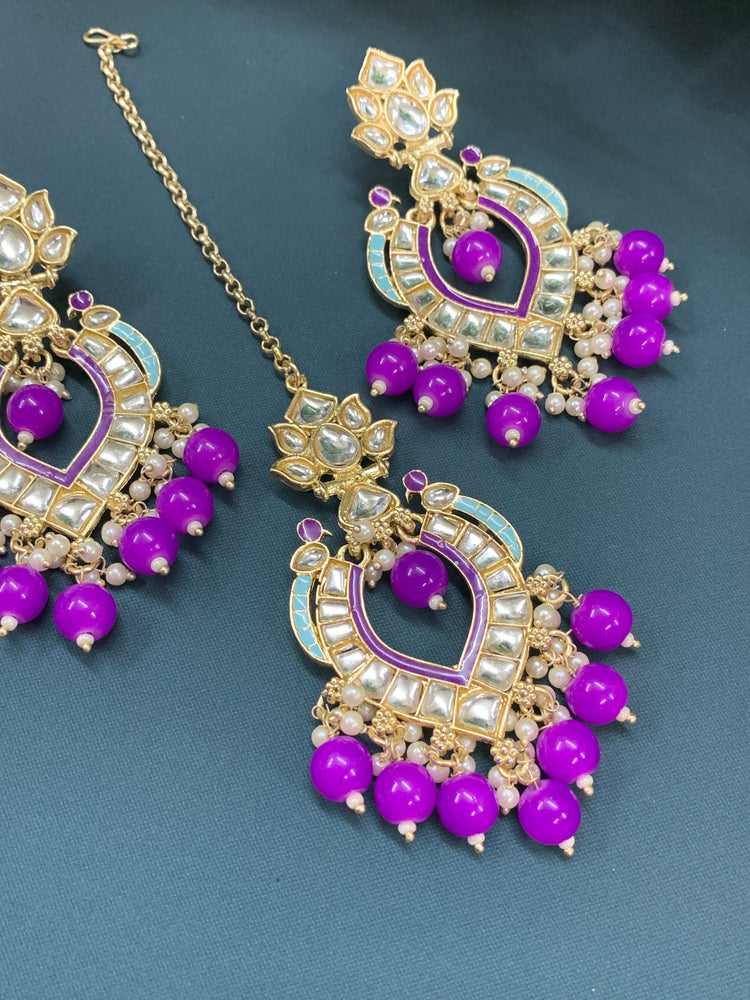 Amber kundan light weight earring tikka set purple