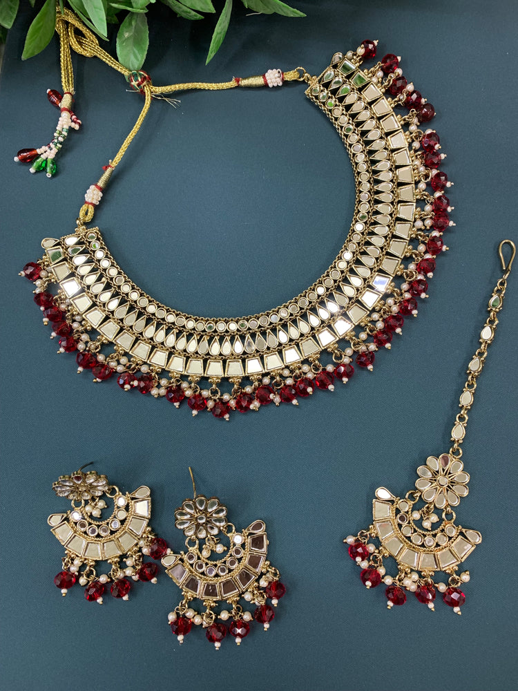 Shreya mirror necklace set with matching Chandbali antique cherry red