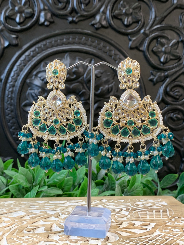 Berry kundan chandbali earring teal green