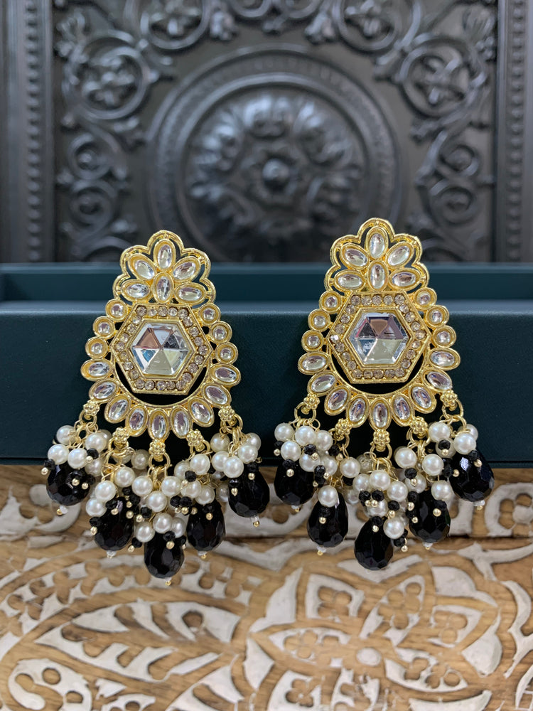 Jill gold kundan stud earring with crystal drops black