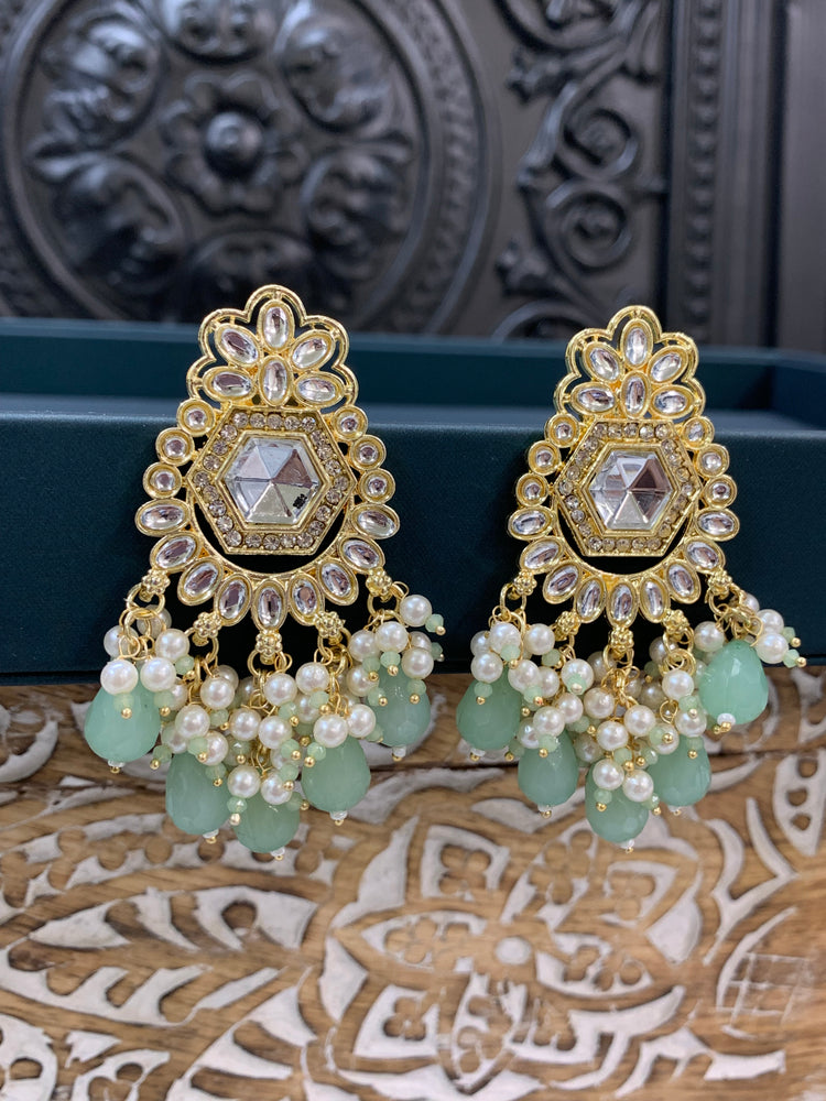 Jill gold kundan stud earring with crystal drops mint green