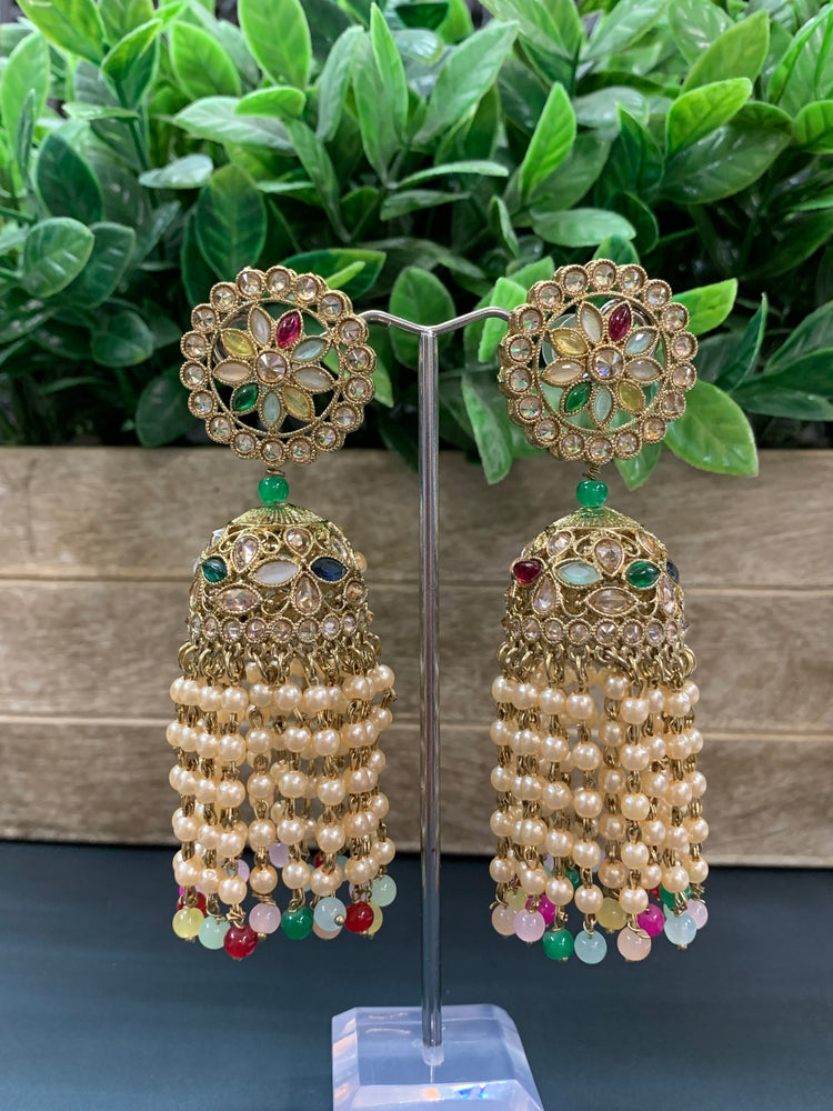 Mohua polki statement jhumki earring antique polki/ white pearl / multi