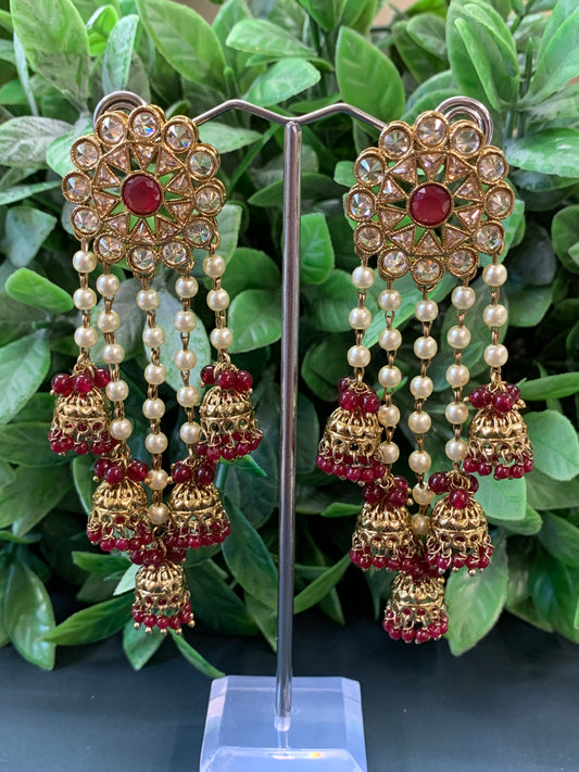 Kalpana polki jhumki earring antique polk/ gold /maroon red/ burgundy